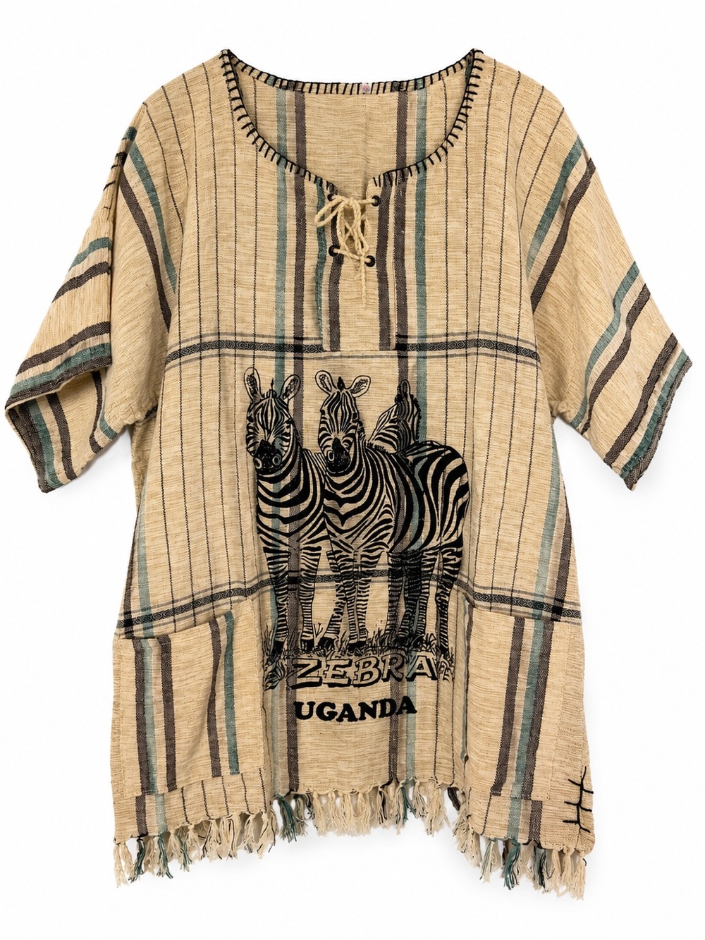 African Zebra Uganda Poncho Womens Oversized‎ Beige Stripe Tribal Fringe Tunic